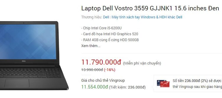 Laptop Dell Vostro 3559 giảm 16% (7399)